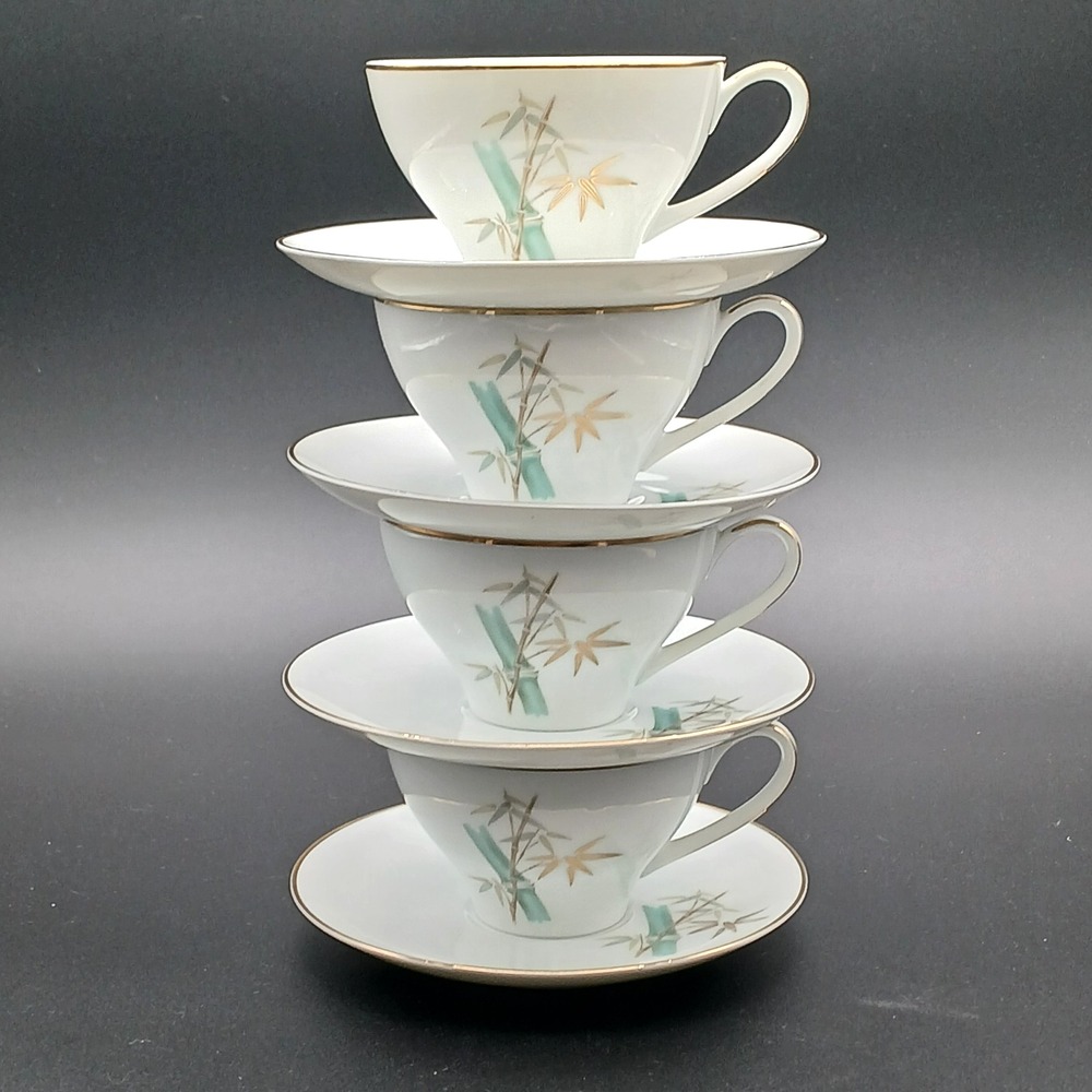 Noritake ~ Oriental 6341 ~ Bamboo ~ Set of 4 Cups & Saucers ~ Pristine!